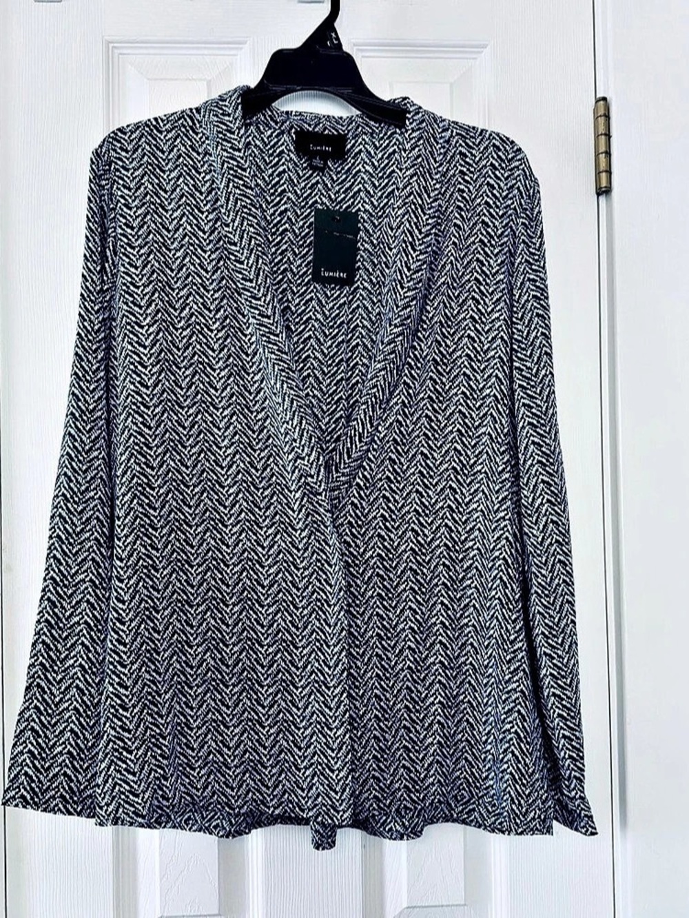 Lumière Navy & White Chevron Print Open Front Blazer Lightweight Cardigan NWT